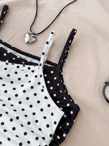 2pcs/Set Tween Girls' Polka Dot Print Fitted Camisole Tops, Casual & Versatile - Black and White - View 4