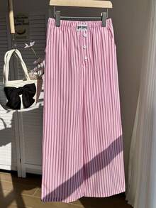 Sparklyn Tween Girls Loose Casual Chic Sports Textured Striped Wide Leg Pants, Suitable For Daily Commute, Leisure, Vacation, Gathering With Friends, Street Style, Spring/Summer - Pink - View 3
