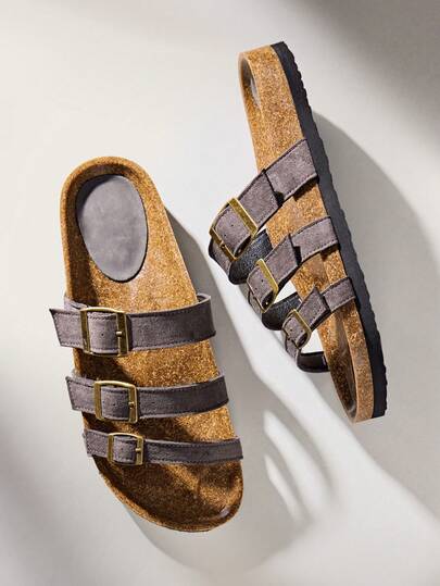 Solecia Women's Adjustable 3-Strap Open Toe Beach Sandals, Gray Slide Sandals For Beach & Vacation