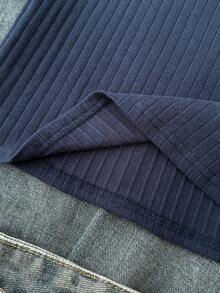 SHEIN Camiseta de manga corta de cuello redondo casual con elástico acanalado para niñas preadolescentes - Azul Marino - Ver 6