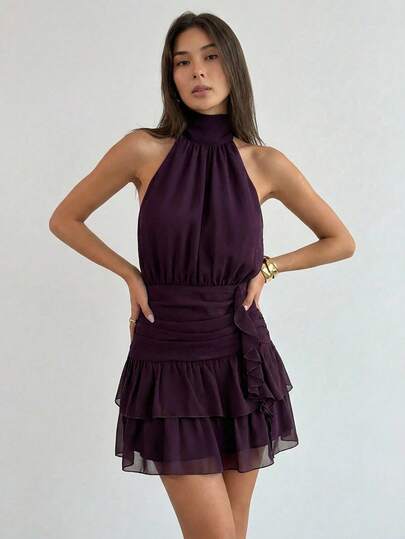 Aloruh Women's Solid Color Halter Neck Ruffle Hem Elegant Waist Cinched Mini Dress, Suitable For Valentine's Day, Dates, Parties Layered Ruffle Dress Dark Purple Dress Women