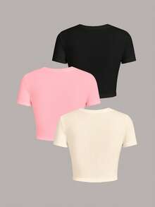 SHEIN EZwear 3件套休闲简约豹纹图案圆领短袖修身露脐女式T恤 - 彩色 - 查看 7