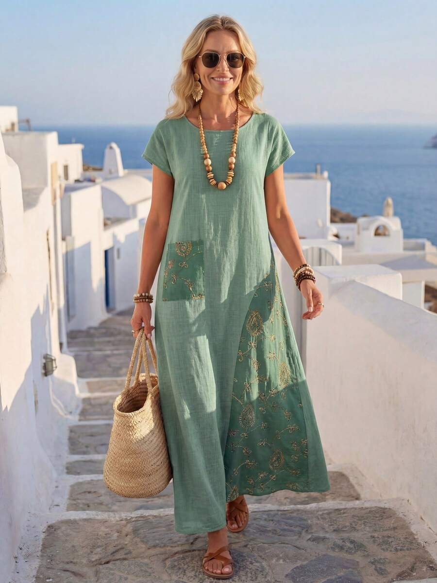 EMERY ROSE 女士圆领短袖植物印花休闲口袋连衣裙 - 綠色 - 查看 1