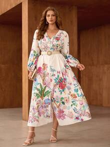 Flirla Đầm dài dáng ôm dành cho nữ cỡ lớn, họa tiết thanh lịch, dệt kim, có thắt lưng. - Hồng - Xem 3