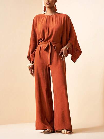 Zivah 2026 Spring Summer New Arrival, Brown Color-Linen Texture Fabric Round Neck Cape Loose Tie Jumpsuit For Women, Suitable For Valentine's Day Outfit, Daily Commute, Wedding Guest Attire, Vacations, Travel, Parties, Gatherings, Cruises, Evenings, Beach Sunbathing, Nighttime Outings, Brunch, Shopping, Formal Occasions, Dinner Parties.