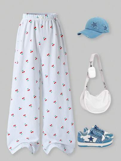 SHEIN ChillGRL 少女甜美休闲裤，蓝色条纹樱桃印花，褶裥松紧腰宽松直筒裤，适合日常通勤和外出穿着，春夏皆宜。