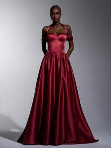 Elitara 优雅奢华的酒红色蕾丝拼接缎面吊带露肩袖复古腰线透视长款连衣裙，女士正式晚礼服 - 酒紅色 - 查看 2