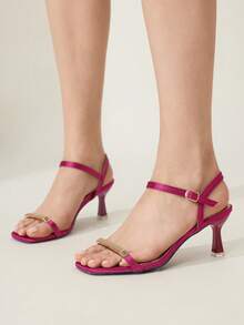 CUCCOO CHICEST 女士棕色方头小猫跟凉鞋，简约通勤风，金属绑带装饰，时尚博主推荐，圣诞节百搭单品 - 酒紅色1 - 查看 7