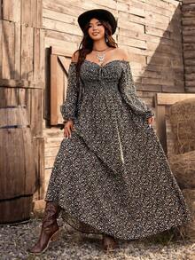 Ceyna Boho Black Floral Print Plus Size Long A Line Dress Off Shoulder Wrist-Length Sleeve Split Thigh Woven Fabric - Black - View 3