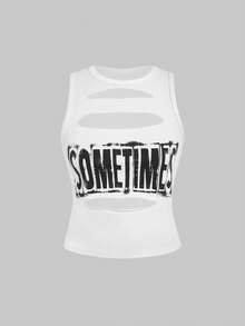 ROMWE Avant Avant "SOMETIMES" Graphic Cut-Out Women Tank Top - White - View 1