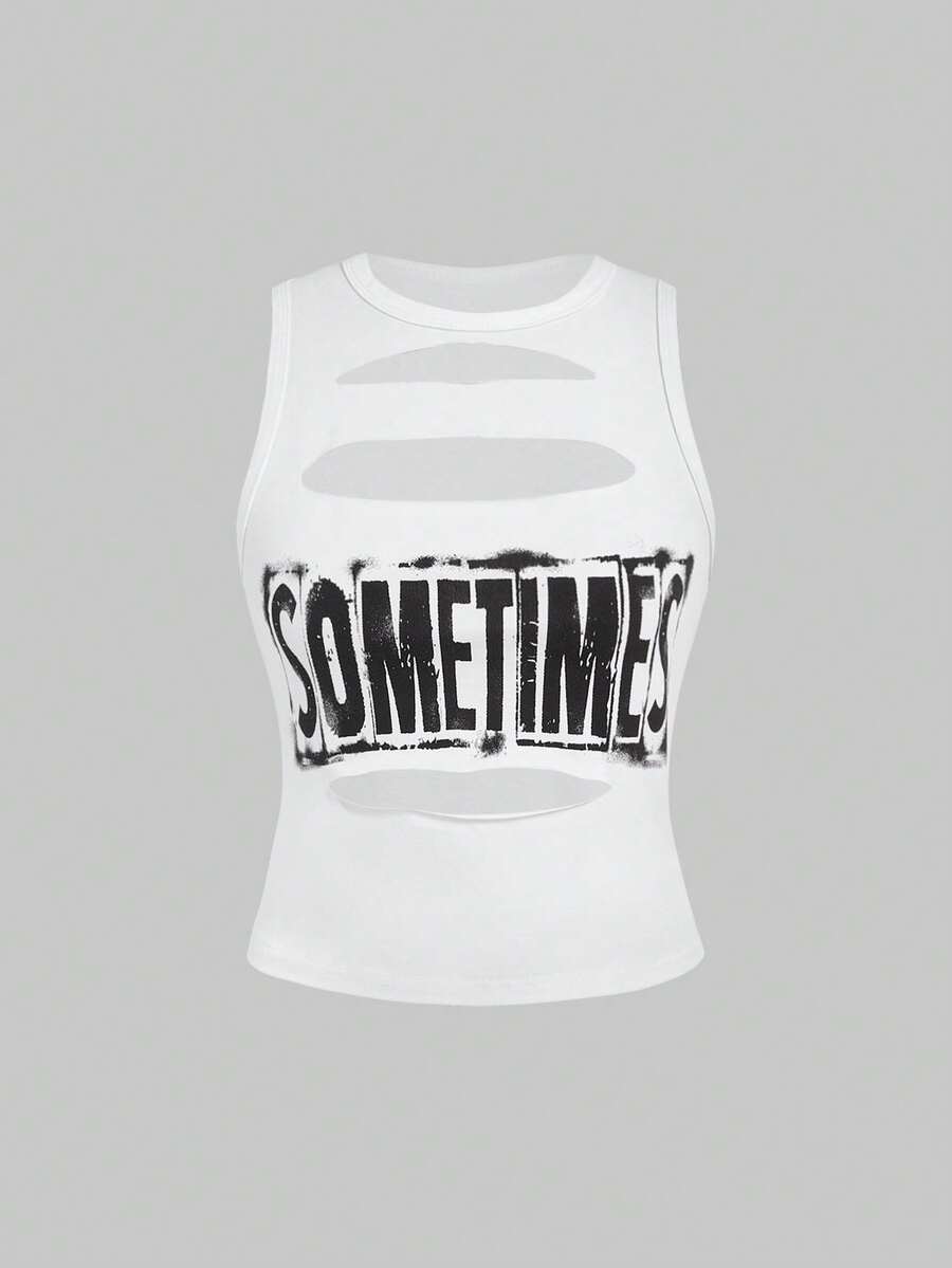 ROMWE Avant Avant "SOMETIMES" Graphic Cut-Out Women Tank Top - White - View 1