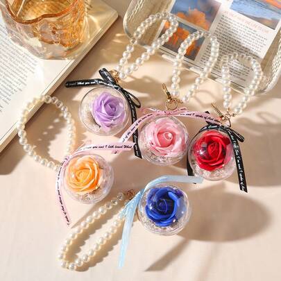 1件创意永生花钥匙扣，亚克力球玫瑰汽车挂件，情人节送给妻子的礼物，汽车内饰装饰。