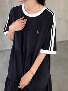 FRIFUL 女士藏蓝色撞色长连衣裙，精致刺绣，休闲运动风，夏季长款连衣裙 - 藏蓝色 - 查看 7