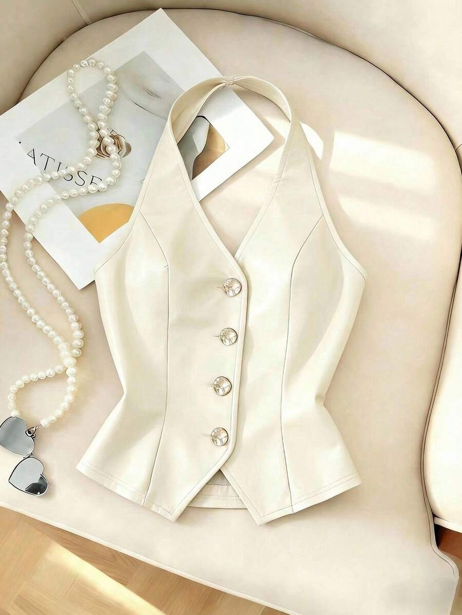 Franclia Áo tank top nữ màu đỏ rượu vang, cổ yếm, cài nút, màu trắng thanh lịch, áo tank top nữ màu trắng dành cho nữ - trắng - Xem 1