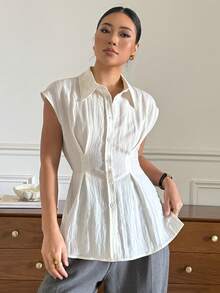 DAZY Women's Casual Solid Color Collared Shirt, Summer - White - View 4