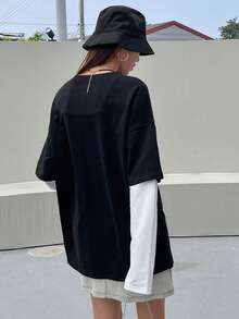 DAZY Drop Shoulder 2 In 1 Tee,Fall Clothes Long Sleeve Women Tops - Black and White - View 2