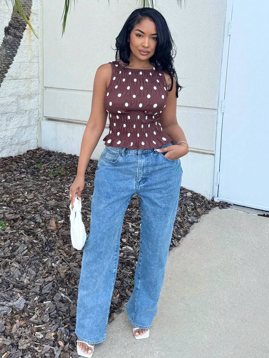 Alexandranx 女士波点腰休闲街头风格圆领无袖上衣 - 棕色 - 查看 1