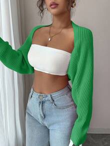 Rafferiza 女士休闲日常通勤简约纯色蝙蝠袖短款开衫，春秋季 - 綠色 - 查看 7