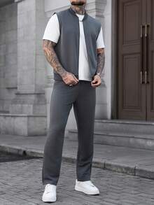 Manfinity Homme 男士休闲拉链夹克，简约设计，百搭男士套装，男士夏季运动服，男士健身服，男士运动套装，西部男士慢跑套装，街头服饰，日常休闲，周末旅行，远足，轻松的工作环境，男友/老公礼物，周年纪念/生日礼物，派对，暑假假期 - 深灰色 - 查看 3
