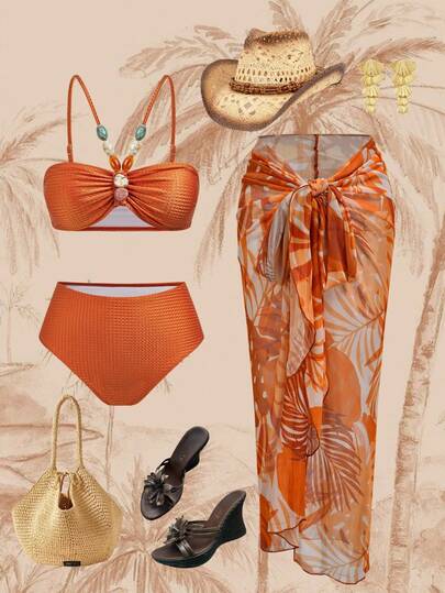 Swim Oasis 26SS 女士春夏沙滩套装，女士三件套泳衣，优雅性感社交名媛复古波西米亚风，饰以亚克力珠饰，精致缎面质感面料，热带棕榈树剪影印花，全身印花，吊带比基尼上衣和裹身裙，高端套装，焦糖棕，暖橙色，性感奢华，优雅精致，适合沙滩、度假、派对、日常穿着
