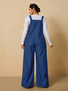 SHEIN PETITE CURVE 大码女式纽扣口袋阔腿宽松休闲背带连体裤 时尚大码深蓝色牛仔背带裤，适合日常穿着，宽松版型，功能性口袋，经典设计，冬季、圣诞节、新年、感恩节、通勤、度假、毕业典礼、时尚Y2K、可爱街头风、派对、婚礼、优雅商务休闲女式宽松牛仔背带裤，圣诞节牛仔背带裤 - 中等水洗藍 - 查看 5
