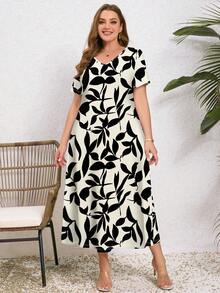 EMERY ROSE Plus Size Women Casual Leaf Print V-Neck Short Sleeve Dress, Suitable For Summer Spring/Flower/Vacation - Multicolor - View 6