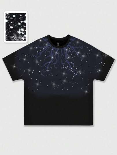 Grunge Punk Men's Rhinestone Print Short Sleeve T-Shirt, Suitable For Daily Wear