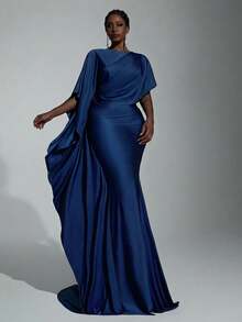 Elitara Plus Size Elegant Luxurious Navy Blue Satin Ruffle Sleeve Sexy Mermaid Hem Bridesmaid Dress - Blue - View 2