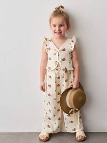 Maija Kids Kleine Mädchen Blume Muster Webstoff Trägerhemd und Hose Lässig Süßes Set - Aprikosenfarben - Übersicht 5