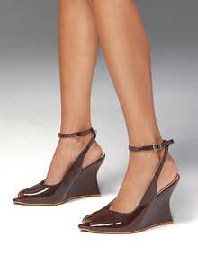 SHUZIA Ladies Peep Toe Ankle Strap Wedge Sandals - Chocolate Brown - View 2