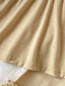 女婴优雅简约黄绿色竹纤维针织面料领口蕾丝边圆领褶皱下摆短袖上衣和裤子休闲套装 - 黃色 - 查看 5