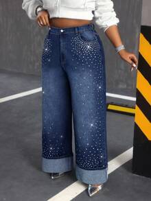 Slaydiva Plus Size Women High Waist Pockets Rhinestone Embellished Wide Leg Loose Casual Jeans Bling Jeans Pearl Jeans Star Pants Rhinestone Denim Embellished Jeans Black Jeans - Dark Wash - View 5