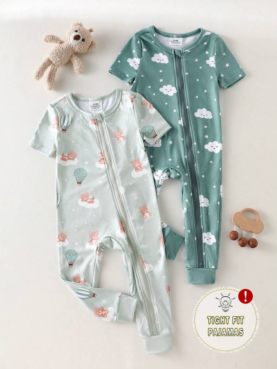 2件套婴儿/幼儿男童卡通云朵熊印花紧身短袖上衣和裤子套装,休闲舒适柔软弹力拉链睡衣,夏季 - 綠色 - 查看 1