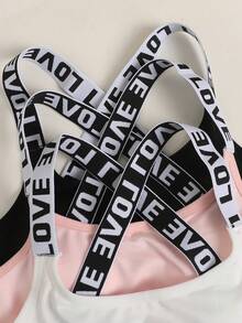 SHEIN Girlism 3pcs/Set Teen Girls' Black, Grey, Pink Letter Graphic Patchwork Sports Bras - Multicolor - View 6