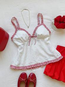 Comfortcana 女士Y2K格子蘑菇边装饰娃娃衫吊带背心，夏季女装 - 白色 - 查看 1