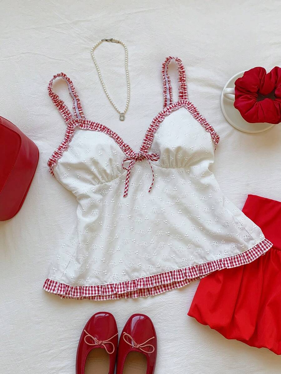 Comfortcana 女士Y2K格子蘑菇边装饰娃娃衫吊带背心，夏季女装 - 白色 - 查看 1