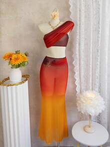 Swim SXY 2pcs/Set 2026 New Gradient Print Mesh Tube Bikini Cover Up For Women, Beach Vacation - Multicolor - View 4