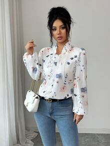 SHEIN PETITE Women's Fitted Floral Print Long Sleeve Blouse With Frill Trim - Multicolor - View 7