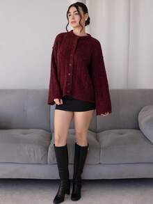 Andrea Bello Oversized Strickjacke mit Knöpfen und Dropped Shoulder, süßer Streetwear-Stil für Herbst, Bauernhaus, Land, Vintage, Herbst, Büro, Abendparty, elegant, Frühlingspullover - Bordeaux - Übersicht 1