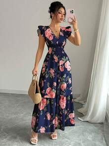 Rafferiza Women's Romantic Floral Print V-Neck Cap Sleeve Dress, Vacation Style - Navy Blue - View 4