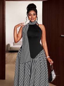 Maweii 大码无袖千鸟格复古浪漫法式连衣裙 - 黑色 - 查看 1