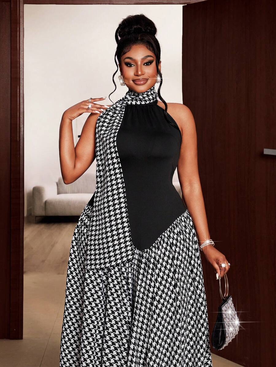 Maweii 大码无袖千鸟格复古浪漫法式连衣裙 - 黑色 - 查看 1