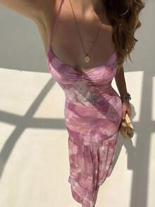 Aloruh Vestido con estampado floral romántico con tirantes de espagueti y espalda abierta, adecuado para citas, vacaciones, primavera/verano - Rosa vieja - Ver 7