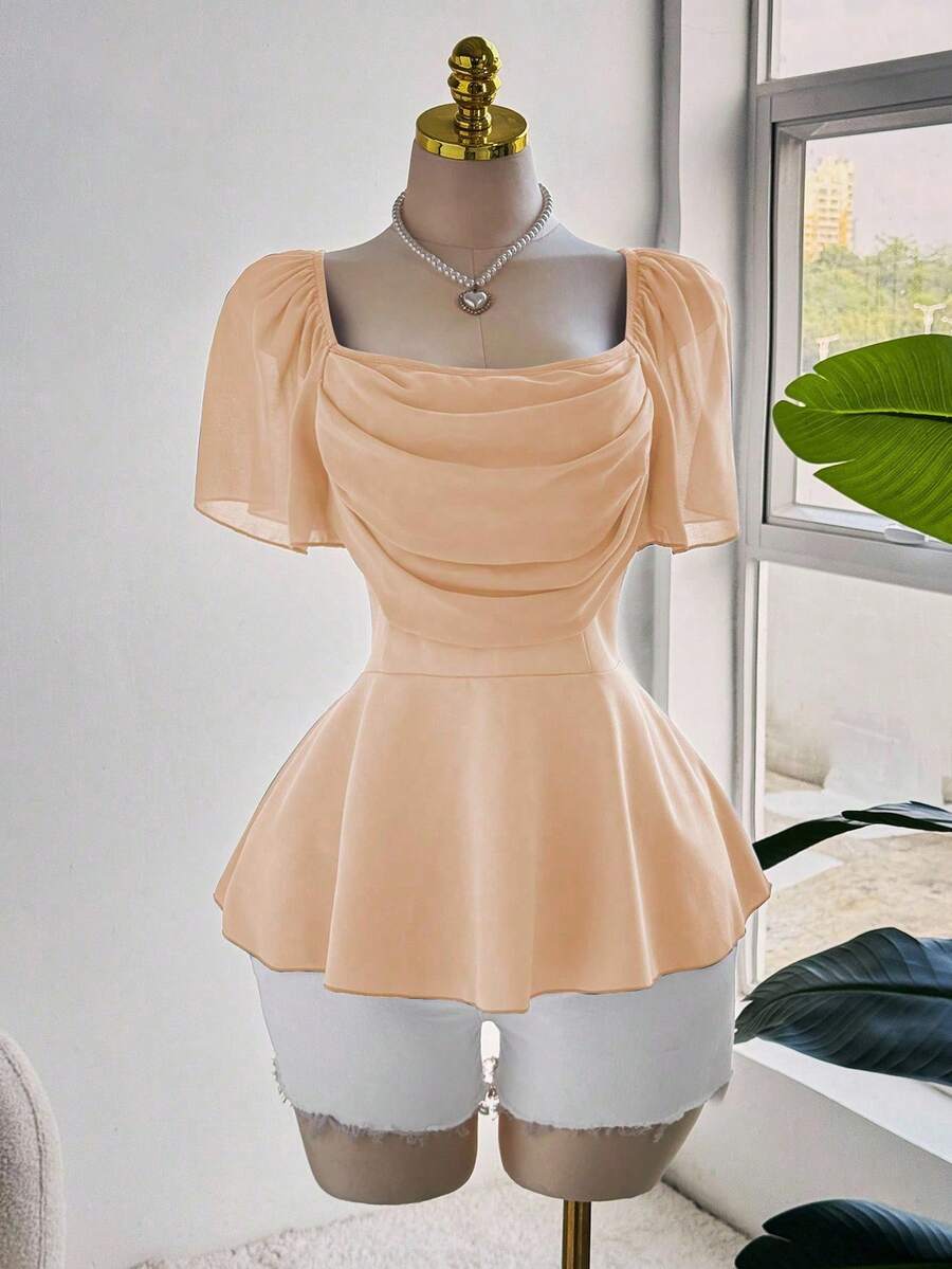 Sweetra 大码女士优雅浪漫雪纺荷叶边袖、荷叶边领、荷叶边下摆衬衫，适合派对、新年、秋冬季节，酒红色 - 杏色 - 查看 1