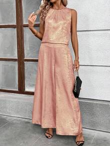 Ellevyn 女士优雅宽松吊带背心和阔腿裤金色箔印两件套，适合婚礼和派对，春夏款 - 粉色 - 查看 6