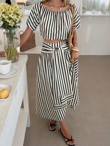 DAZY Women's Casual Striped Off-Shoulder Top And Tie-Waist Skirt 2-Piece Set, Spring/Summer Lounge Sets For Women Short Sets For Women - Black - View 5