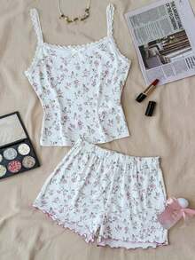 SHEIN مجموعة بيجامة مكونة من قميص كامي وشورت مزينة بطباعة الأزهار والشريط القوس، للمراهقات، بيجامة مريحة وملائمة باللون الوردي، قطعتان - أبيض - مشاهدة 7