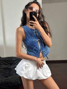 SHEIN ICON 女士休闲水洗开襟系带无袖牛仔衬衫 - 中等水洗藍 - 查看 3