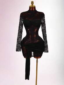 Amplova Women's Lace Blouse With Vintage Red Sheer Drawstring Hem Mini Bodycon Dress, Boho Style For Party - Black - View 3