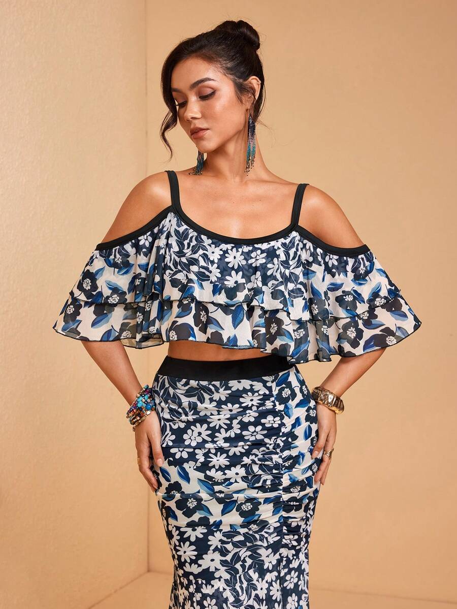 JIAN LASALA Multi Floral Print Mesh Off-Shoulder Layered Ruffled Flared Women Top Spring Summer Casual - Multicolor - View 1